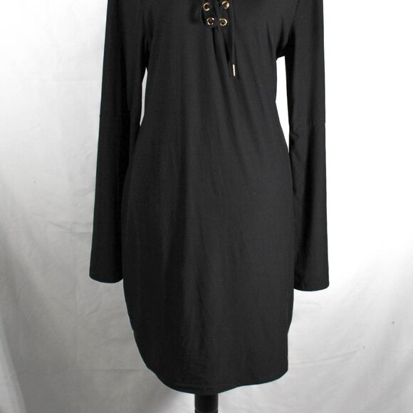 NWT Goth Witchy Plus Size 2X Black Bell Sleeve Corset Stitch Up Neckline Dress - Picture 5 of 12